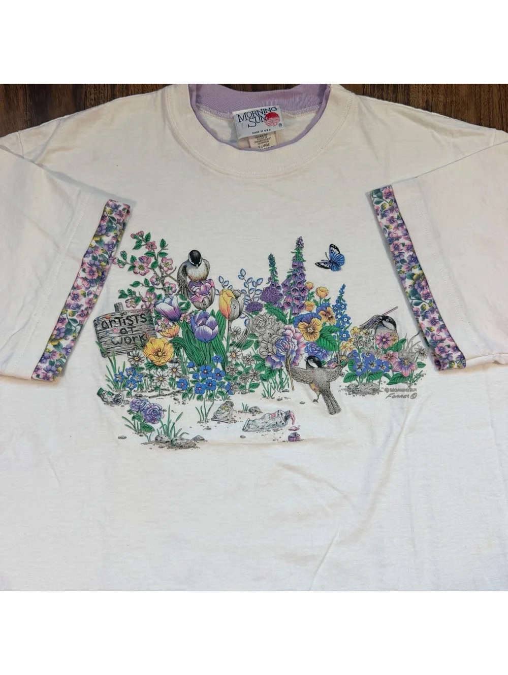 Vintage 90s Morning Sun Artists At Work Floral Graphic Tee XL White Bird Shirt